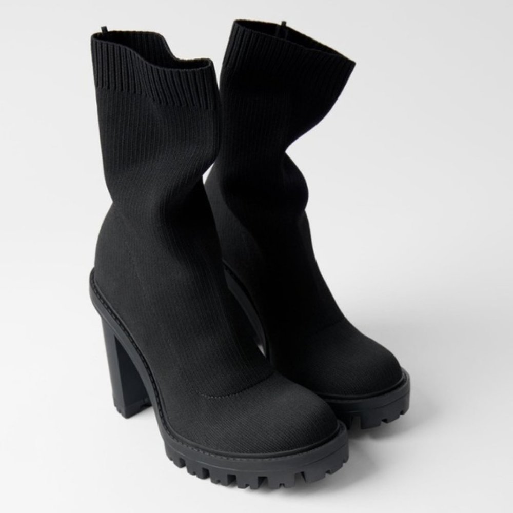 Zara Black Sock Style Heeled Ankle Boots With Lug Soles, 7.5